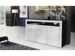 Vladon Cajonera Valencia, Cómoda con 3 Puertas y 1 Compartimento abierto, Negro mate/blanco de alto brillo/blanco de alto brillo (155 x 92 x 40 cm)