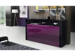 Vladon Cajonera Valencia, Cómoda con 3 Puertas y 1 Compartimento abierto, Negro mate/zarzamora de alto brillo/negro de alto brillo (155 x 92 x 40 cm)