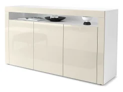 Vladon Cajonera Valencia, Cómoda con 3 Puertas y 1 Compartimento abierto, Blanco mate/crema de alto brillo/crema de alto brillo (155 x 92 x 40 cm)