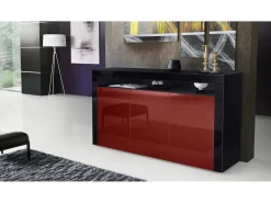 Vladon Cajonera Valencia, Cómoda con 3 Puertas y 1 Compartimento abierto, Negro mate/burdeos de alto brillo/negro de alto brillo (155 x 92 x 40 cm)