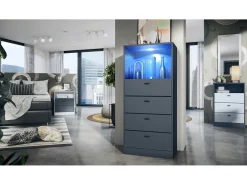 Vladon cómoda Pino V3, aparador con 4 cajones y 1 compartimento abierto, antracita mate/undefined con iluminación LED RVB (56 x 125 x 36 cm)