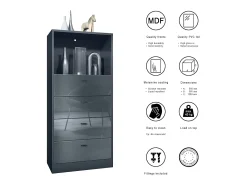 Vladon cómoda Pino V3, aparador con 4 cajones y 1 compartimento abierto, antracita mate/Negro de alto brillo sin LED (56 x 125 x 36 cm)