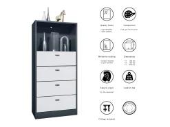 Vladon cómoda Pino V3, aparador con 4 cajones y 1 compartimento abierto, antracita mate/Blanco mate sin LED (56 x 125 x 36 cm)
