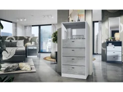 Vladon cómoda Pino V3, aparador con 4 cajones y 1 compartimento abierto, Blanco mate/Hormigón oxidado sin LED (56 x 125 x 36 cm)