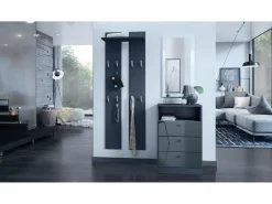 Vladon cómoda Pino V2, aparador con 3 cajones y 1 compartimento abierto, antracita mate/Gris de alto brillo sin LED (56 x 86,5 x 36 cm)