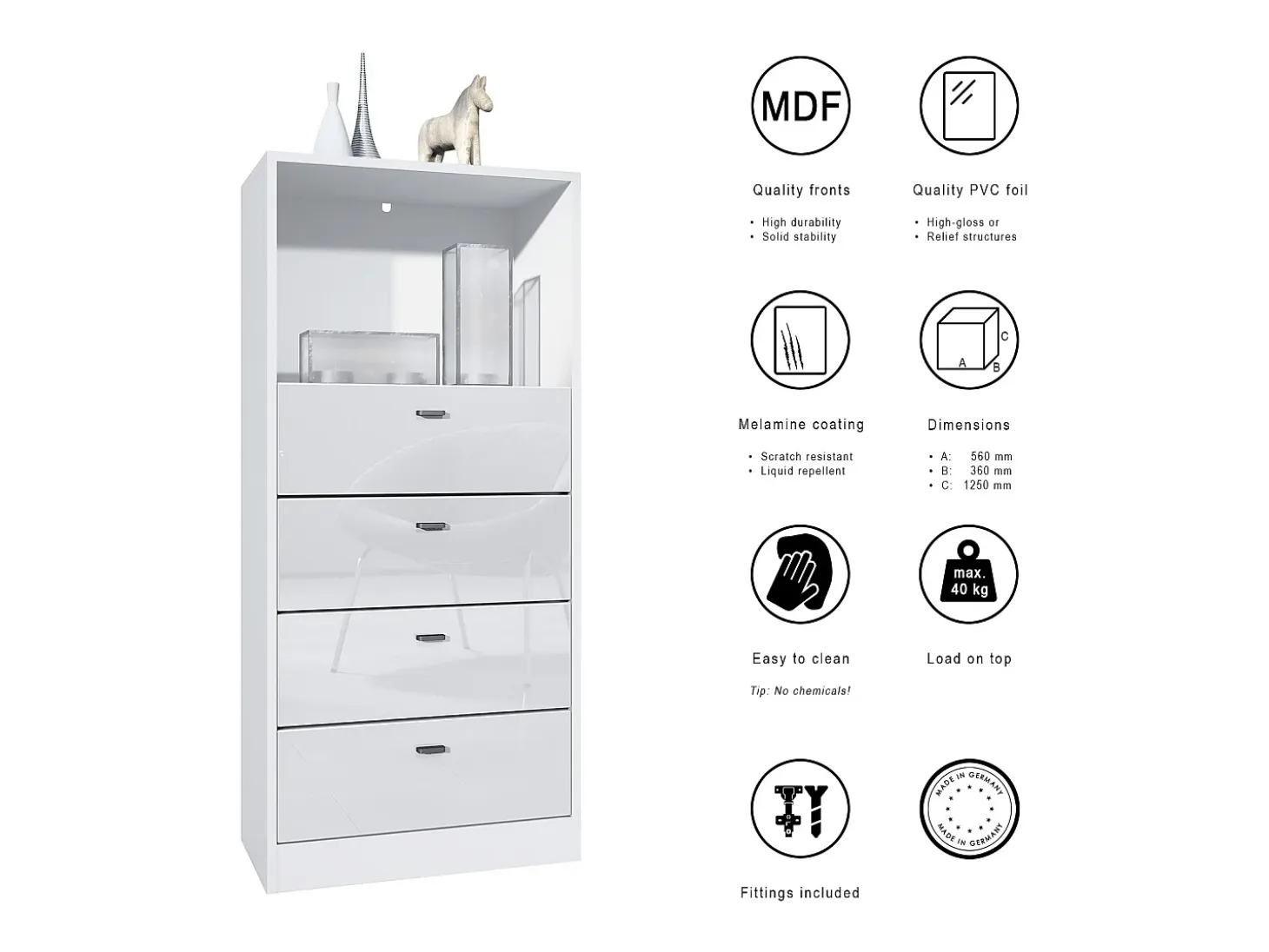 Vladon cómoda Pino V3, aparador con 4 cajones y 1 compartimento abierto, Blanco mate/Hormigón oxidado con iluminación LED RVB (56 x 125 x 36 cm)