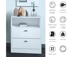 Vladon cómoda Pino V1, mesilla de noche con 2 cajones y 1 compartimento abierto, blanco mate/undefined con iluminación LED RVB (56 x 67,5 x 36 cm)