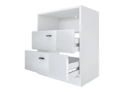 Vladon cómoda Pino V1, mesilla de noche con 2 cajones y 1 compartimento abierto, blanco mate/Blanco de alto brillo sin LED (56 x 67,5 x 36 cm)
