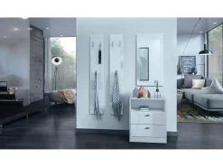 Vladon cómoda Pino V1, mesilla de noche con 2 cajones y 1 compartimento abierto, blanco mate/Blanco de alto brillo sin LED (56 x 67,5 x 36 cm)