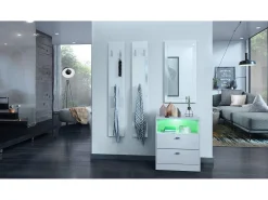 Vladon cómoda Pino V1, mesilla de noche con 2 cajones y 1 compartimento abierto, blanco mate/Blanco mate con iluminación LED RVB (56 x 67,5 x 36 cm)
