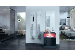 Vladon cómoda Pino V1, mesilla de noche con 2 cajones y 1 compartimento abierto, antracita mate/Negro de alto brillo con iluminación LED RVB (56 x 67,5 x 36 cm)