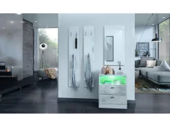 Vladon cómoda Pino V1, mesilla de noche con 2 cajones y 1 compartimento abierto, blanco mate/Hormigón oxidado con iluminación LED RVB (56 x 67,5 x 36 cm)