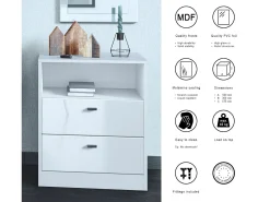 Vladon cómoda Pino V1, mesilla de noche con 2 cajones y 1 compartimento abierto, blanco mate/Hormigón oxidado con iluminación LED RVB (56 x 67,5 x 36 cm)
