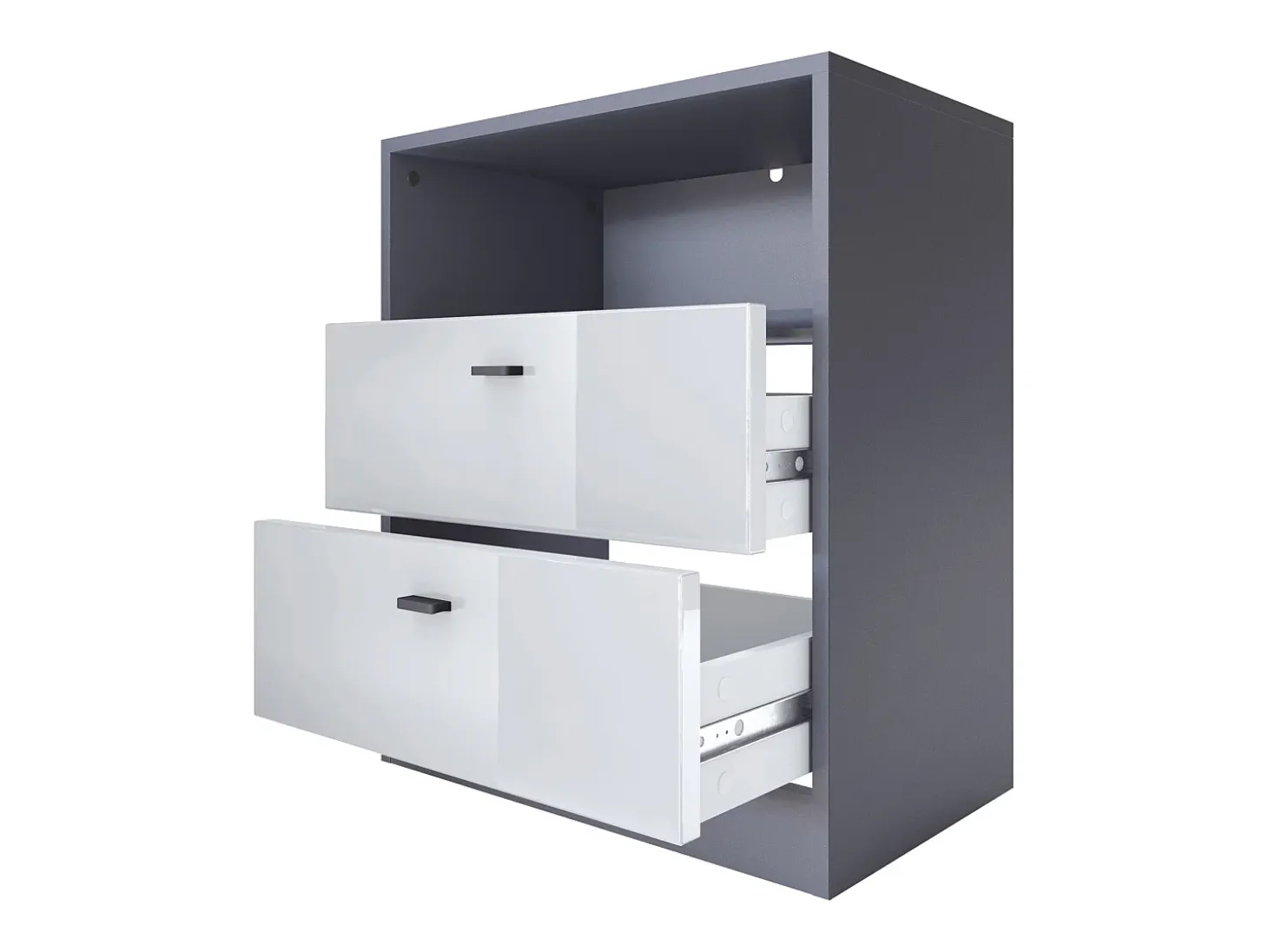 Vladon cómoda Pino V1, mesilla de noche con 2 cajones y 1 compartimento abierto, antracita mate/Blanco de alto brillo sin LED (56 x 67,5 x 36 cm)