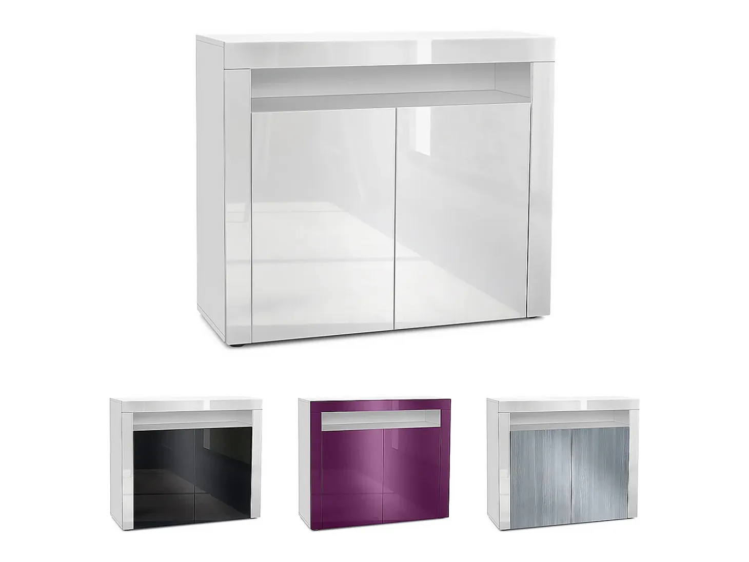 Vladon Cómoda Valencia, Cajonera con 2 Puertas y 1 Compartimento abierto, Blanco mate/negro de alto brillo/negro de alto brillo (108 x 92 x 40 cm)