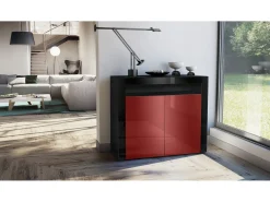 Vladon Cómoda Valencia, Cajonera con 2 Puertas y 1 Compartimento abierto, Negro mate/burdeos de alto brillo/negro de alto brillo (108 x 92 x 40 cm)