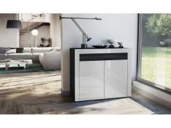 Vladon Cómoda Valencia, Cajonera con 2 Puertas y 1 Compartimento abierto, Negro mate/blanco de alto brillo/blanco de alto brillo (108 x 92 x 40 cm)