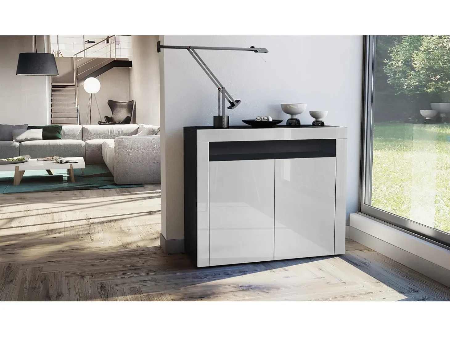 Vladon Cómoda Valencia, Cajonera con 2 Puertas y 1 Compartimento abierto, Negro mate/blanco de alto brillo/blanco de alto brillo (108 x 92 x 40 cm)