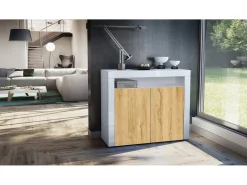 Vladon Cómoda Valencia, Cajonera con 2 Puertas y 1 Compartimento abierto, Blanco mate/roble natural/blanco de alto brillo (108 x 92 x 40 cm)