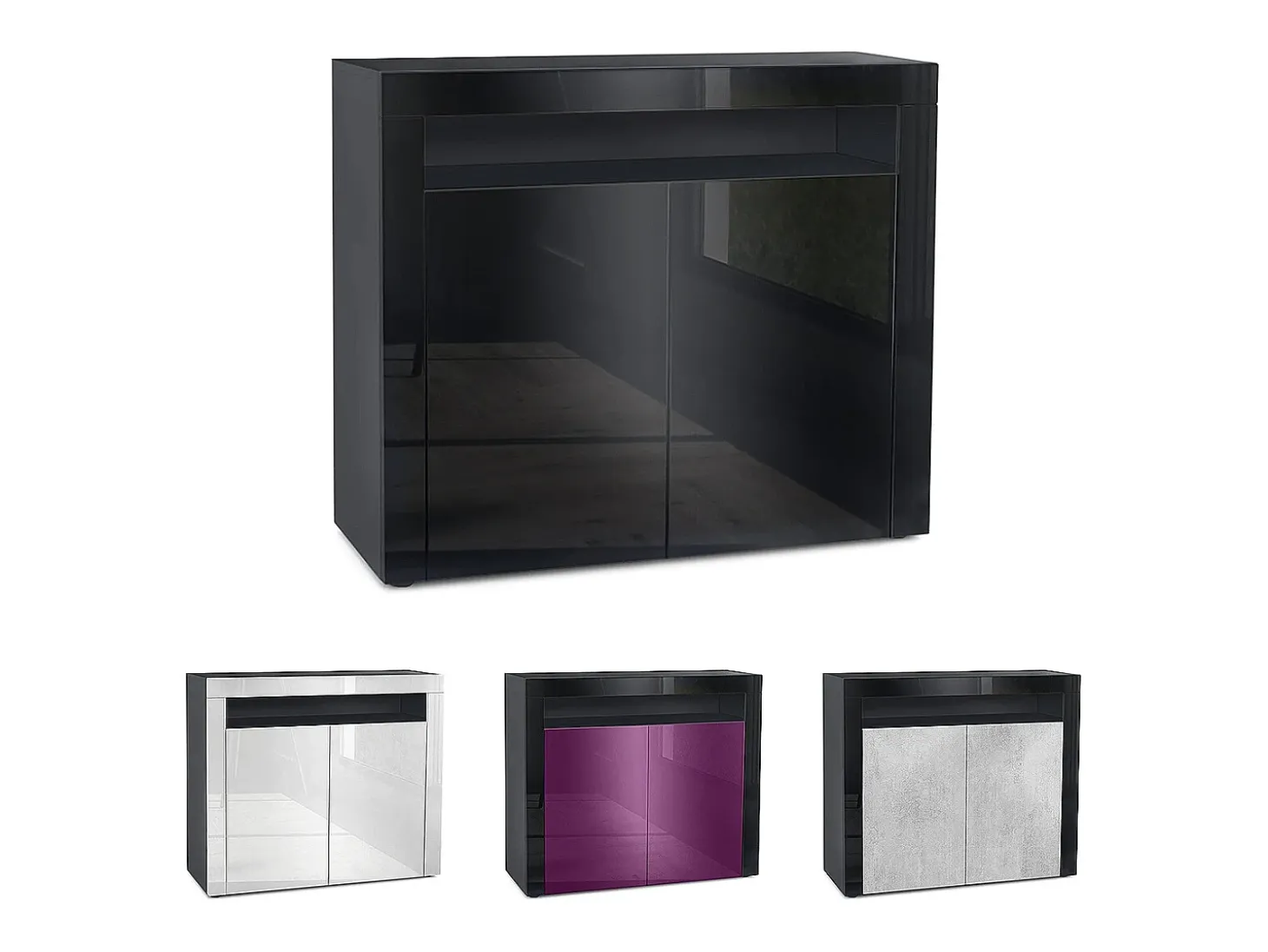 Vladon Cómoda Valencia, Cajonera con 2 Puertas y 1 Compartimento abierto, Negro mate/hormigón oxidado/negro de alto brillo (108 x 92 x 40 cm)