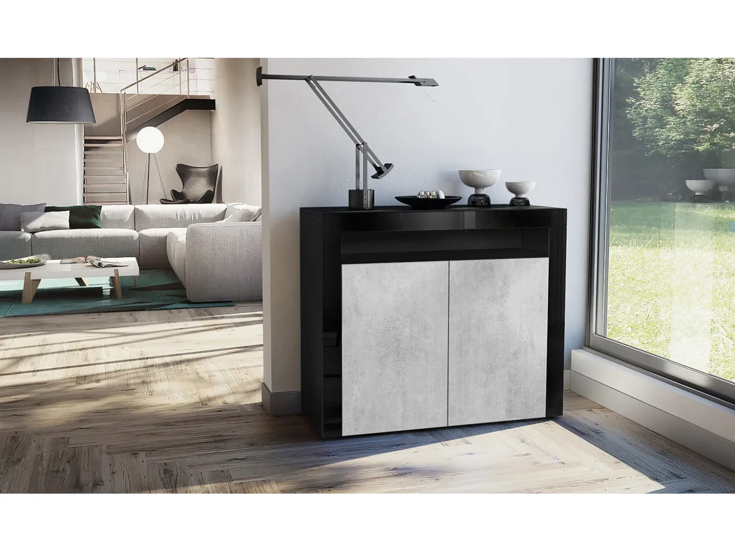 Vladon Cómoda Valencia, Cajonera con 2 Puertas y 1 Compartimento abierto, Negro mate/hormigón oxidado/negro de alto brillo (108 x 92 x 40 cm)