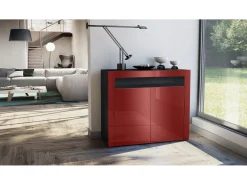 Vladon Cómoda Valencia, Cajonera con 2 Puertas y 1 Compartimento abierto, Negro mate/burdeos de alto brillo/burdeos de alto brillo (108 x 92 x 40 cm)