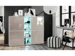 Vladon Highboard Cuba V3, blanco mate/gris arena de alto brillo con LED - Aparador moderno con 12 compartimentos (130,5 x 105,5 x 35,5 cm)