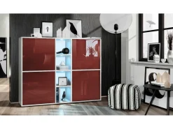 Vladon Highboard Cuba V3, blanco mate/burdeos de alto brillo con LED - Aparador moderno con 12 compartimentos (130,5 x 105,5 x 35,5 cm)