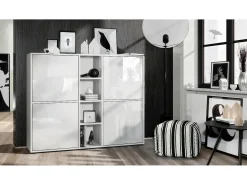 Vladon Highboard Cuba V3, blanco mate/blanco de alto brillo - Aparador moderno con 12 compartimentos (130,5 x 105,5 x 35,5 cm)
