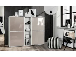 Vladon Highboard Cuba V3, blanco mate/gris arena de alto brillo - Aparador moderno con 12 compartimentos (130,5 x 105,5 x 35,5 cm)
