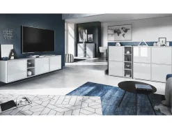 Vladon Highboard Cuba V3, blanco mate/negro de alto brillo con LED - Aparador moderno con 12 compartimentos (130,5 x 105,5 x 35,5 cm)