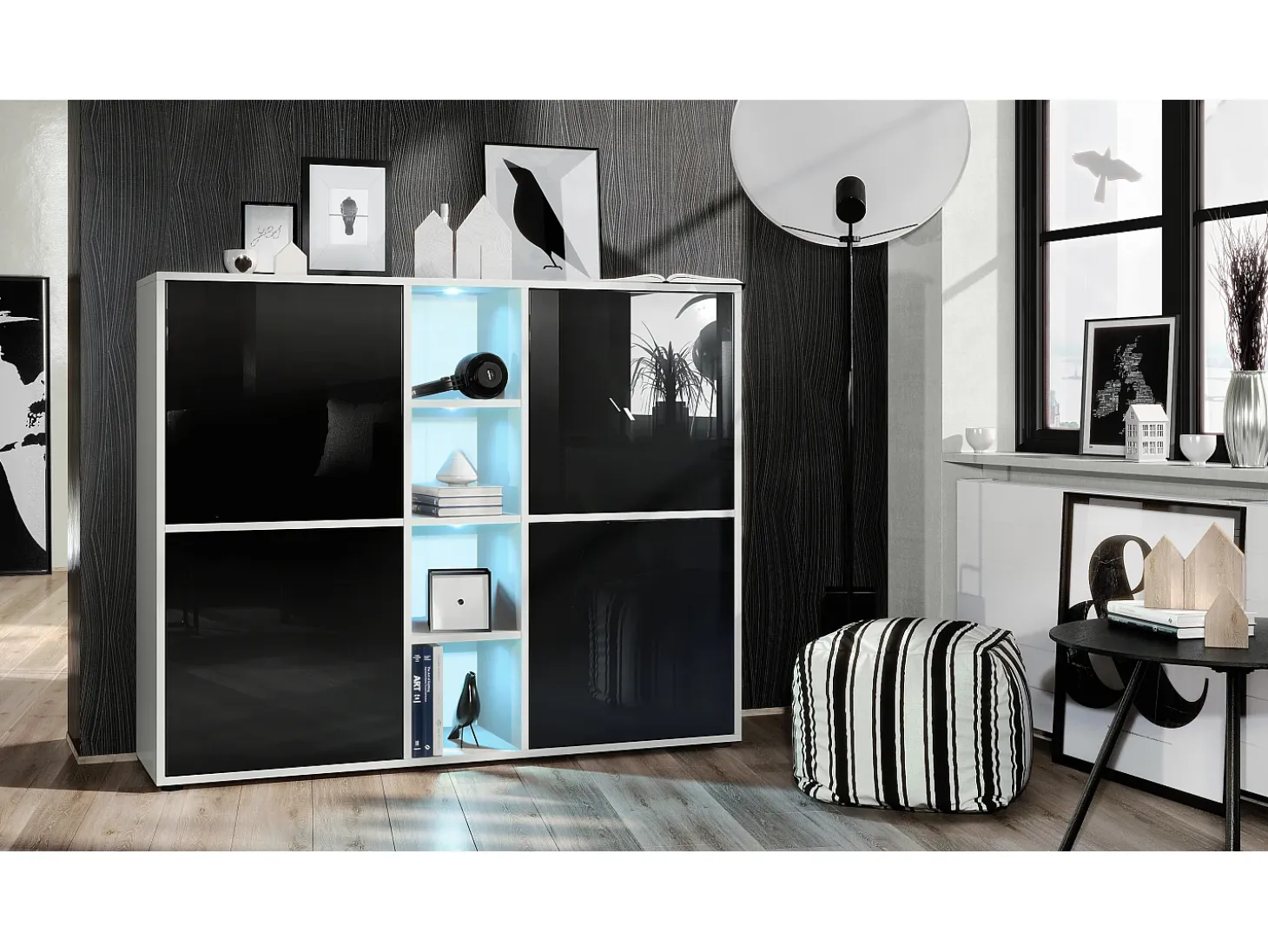 Vladon Highboard Cuba V3, blanco mate/negro de alto brillo con LED - Aparador moderno con 12 compartimentos (130,5 x 105,5 x 35,5 cm)