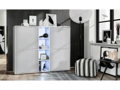 Vladon Highboard Cuba V3, blanco mate/gris claro satinado con LED - Aparador moderno con 12 compartimentos (130,5 x 105,5 x 35,5 cm)