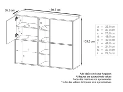 Vladon Highboard Cuba V3, blanco mate/negro de alto brillo - Aparador moderno con 12 compartimentos (130,5 x 105,5 x 35,5 cm)
