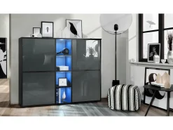 Vladon Highboard Cuba V3, negro mate/gris de alto brillo con LED - Aparador moderno con 12 compartimentos (130,5 x 105,5 x 35,5 cm)
