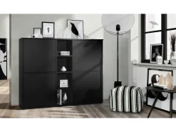 Vladon Highboard Cuba V3, negro mate/negro mate - Aparador moderno con 12 compartimentos (130,5 x 105,5 x 35,5 cm)