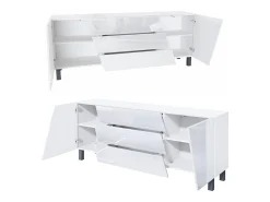 Vladon Sideboard Houston, cassettiera a 2 ante e 3 cassetti, mobile bianco opaco, frontali bianchi lucidi, incl. iluminación LED (178 x 69,5 x 38,5 cm)