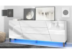 Vladon Sideboard Houston, cassettiera a 2 ante e 3 cassetti, mobile bianco opaco, frontali bianchi lucidi, incl. iluminación LED (178 x 69,5 x 38,5 cm)