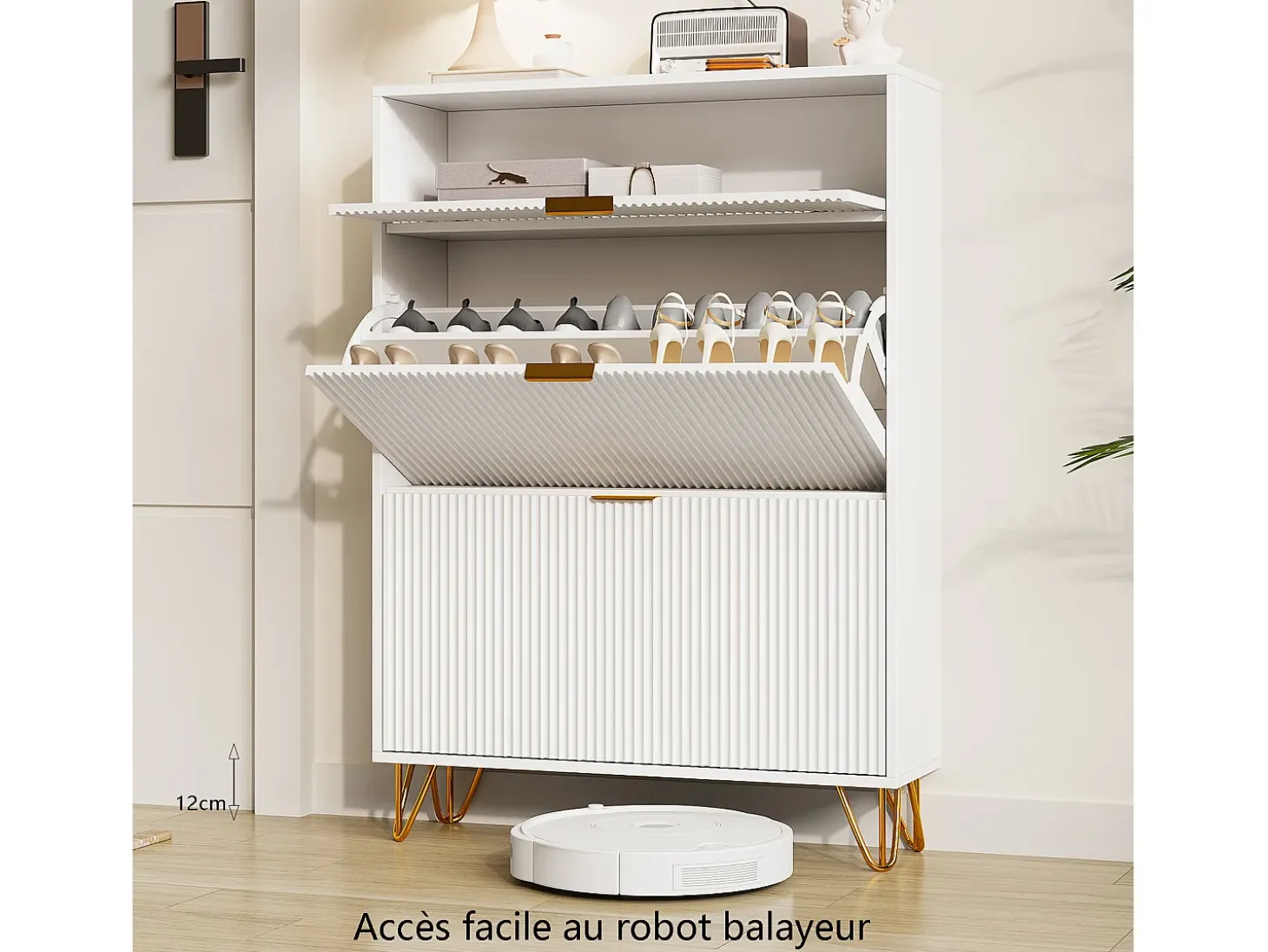 Zapatero blanco de 3 puertas abatibles con espacio de almacenamiento, 80 x 24 x 118,5 cm, blanco