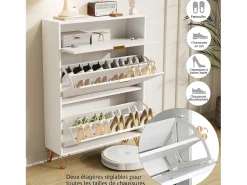 Zapatero blanco de 3 puertas abatibles con espacio de almacenamiento, 80 x 24 x 118,5 cm, blanco