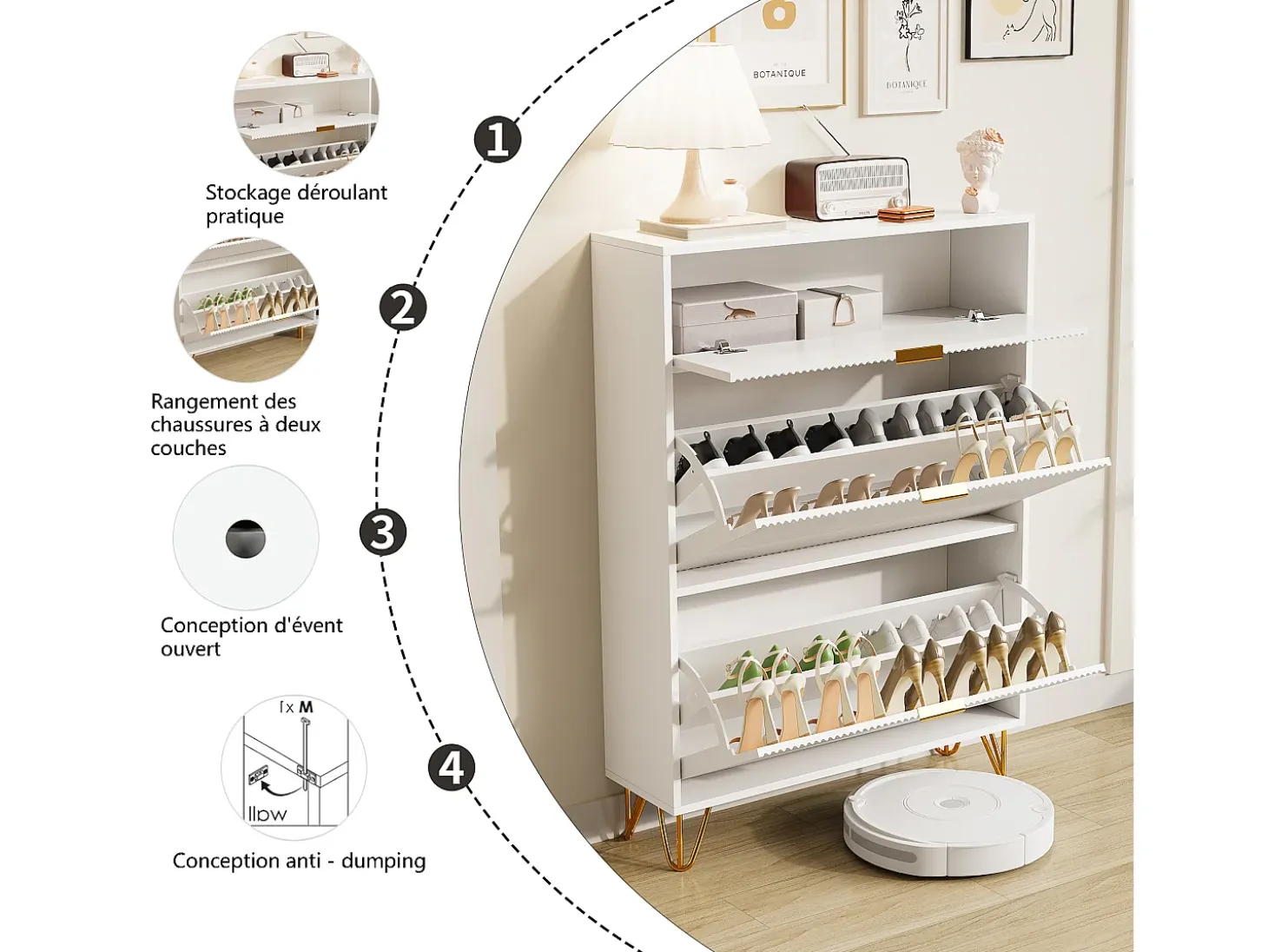 Zapatero blanco de 3 puertas abatibles con espacio de almacenamiento, 80 x 24 x 118,5 cm, blanco