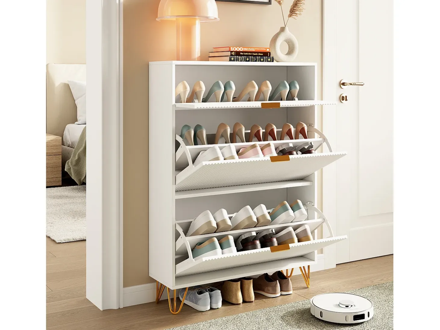 Zapatero blanco de 3 puertas abatibles con espacio de almacenamiento, 80 x 24 x 118,5 cm, blanco